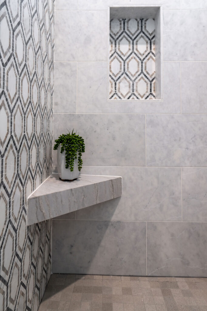 Shower seat in a custom home in San Diego built by Townsgate Construction