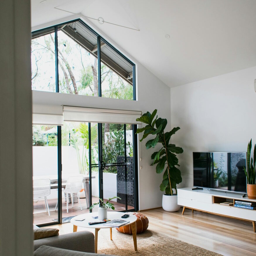 ADU living room with high ceiling